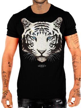 Avenue George V Paris T-Shirt rhinestone Lion Men's Black Short Sleeve Shirt S
